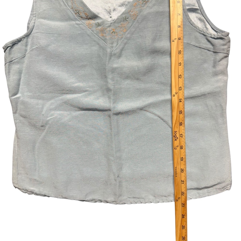 Of The Earth Tank Top Silk Hemp Large Light Blue Floral Embroidered V-Neck Boho - Picture 6 of 11